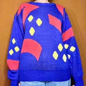 Vintage 90s bright blue, red & yellow abstract OP sweater 🌀